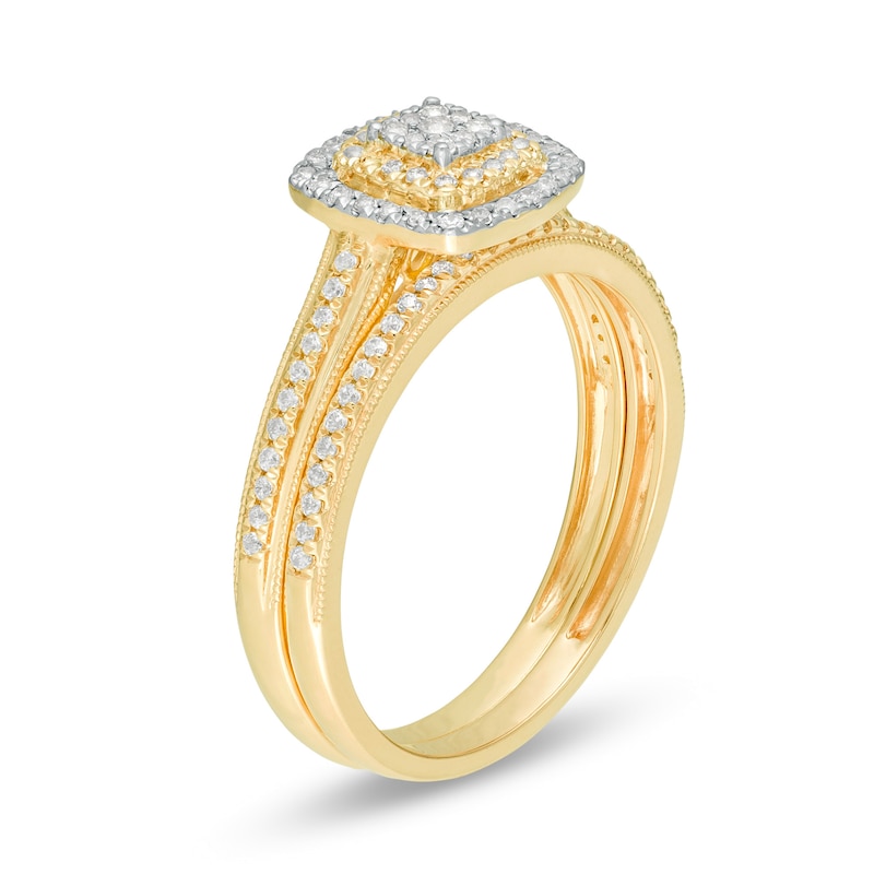 Main Image 3 of 1/3 CT. T.W. Composite Diamond Double Cushion Frame Vintage-Style Bridal Set in 10K Gold