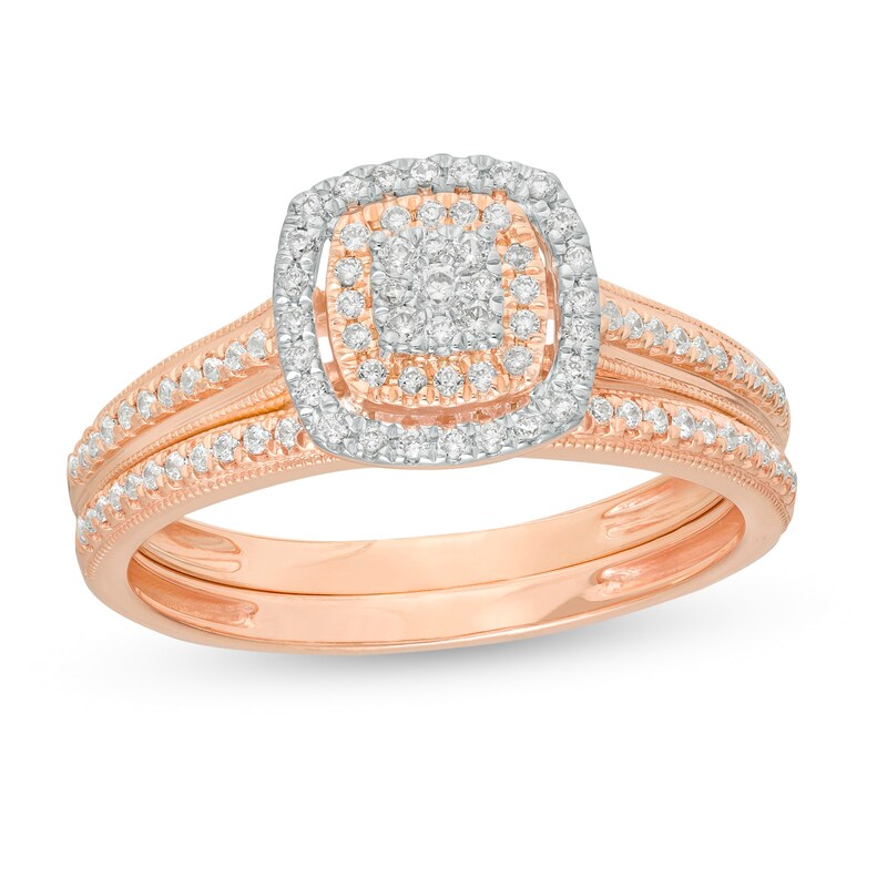 Main Image 1 of 1/3 CT. T.W. Composite Diamond Double Cushion Frame Vintage-Style Bridal Set in 10K Rose Gold