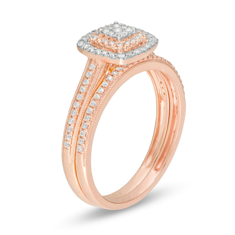 Main Image 3 of 1/3 CT. T.W. Composite Diamond Double Cushion Frame Vintage-Style Bridal Set in 10K Rose Gold