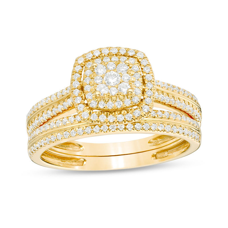 Main Image 1 of 1/2 CT. T.W. Composite Diamond Double Cushion Frame Bridal Set in 10K Gold