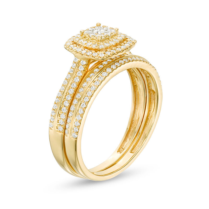 Main Image 3 of 1/2 CT. T.W. Composite Diamond Double Cushion Frame Bridal Set in 10K Gold