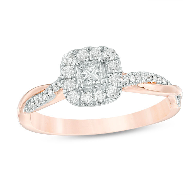Main Image 1 of 3/8 CT. T.W. Princess-Cut Diamond Frame Twist Engagement Ring in 10K Rose Gold