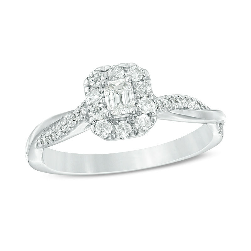 Main Image 1 of 3/8 CT. T.W. Emerald-Cut Diamond Frame Twist Engagement Ring in 10K White Gold