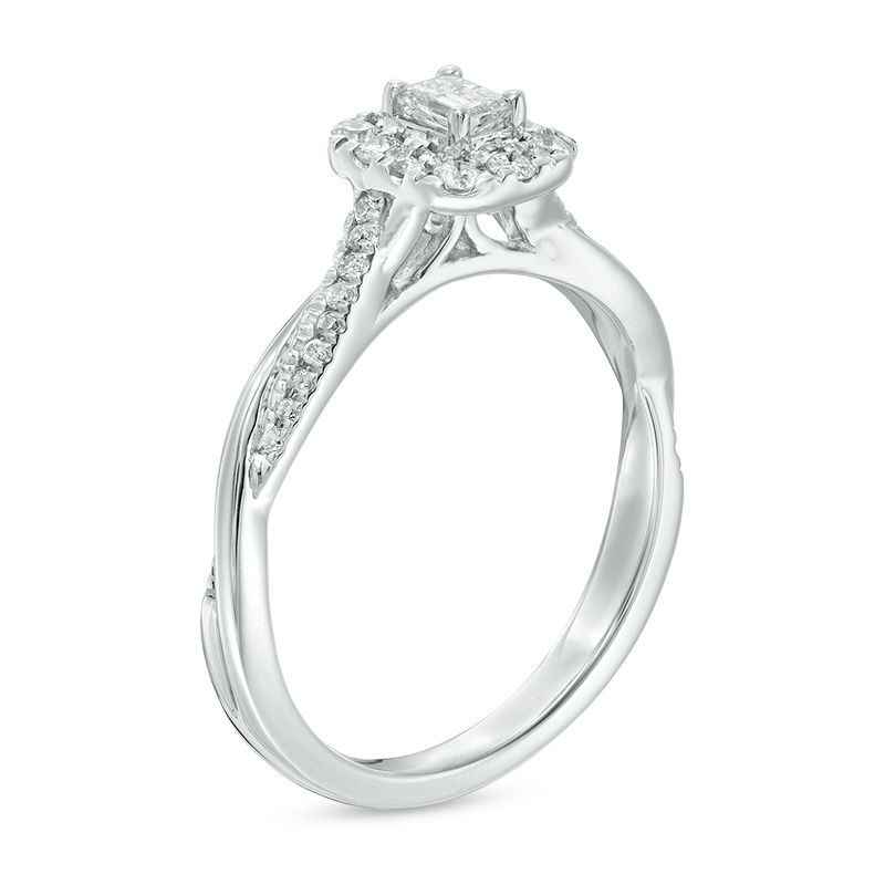 Main Image 2 of 3/8 CT. T.W. Emerald-Cut Diamond Frame Twist Engagement Ring in 10K White Gold