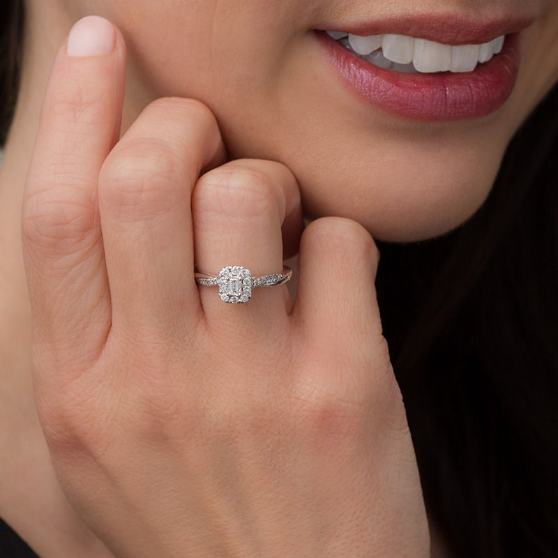 Main Image 3 of 3/8 CT. T.W. Emerald-Cut Diamond Frame Twist Engagement Ring in 10K White Gold