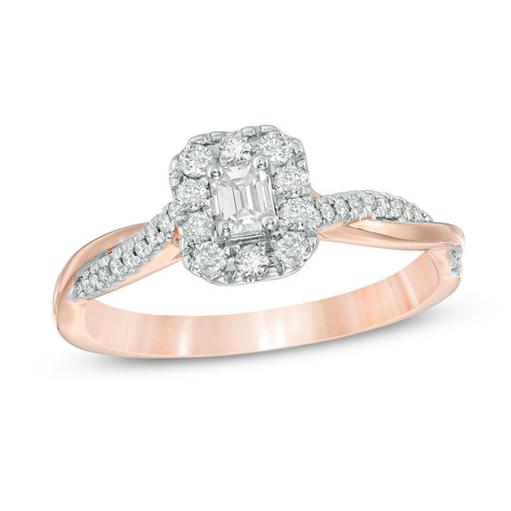 3/8 CT. T.w. Emerald-Cut Diamond Frame Twist Engagement Ring in 10K Rose Gold