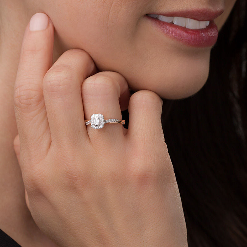 Main Image 3 of 3/8 CT. T.W. Emerald-Cut Diamond Frame Twist Engagement Ring in 10K Rose Gold