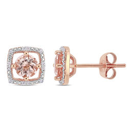 5.0mm Morganite and 1/15 CT. T.W. Diamond Cushion Frame Stud Earrings in 10K Rose Gold