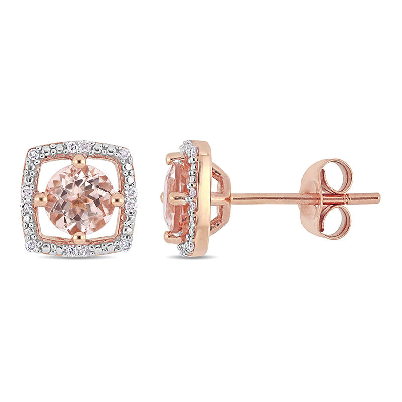 5.0mm Morganite and 1/15 CT. T.W. Diamond Cushion Frame Stud Earrings in 10K Rose Gold