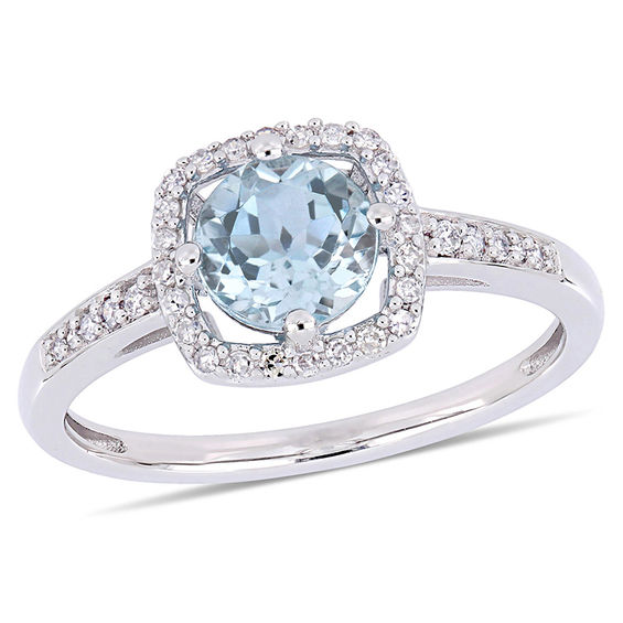 6.0mm Sky Blue Topaz and 1/8 CT. T.W. Diamond Cushion Frame Ring in 10K ...