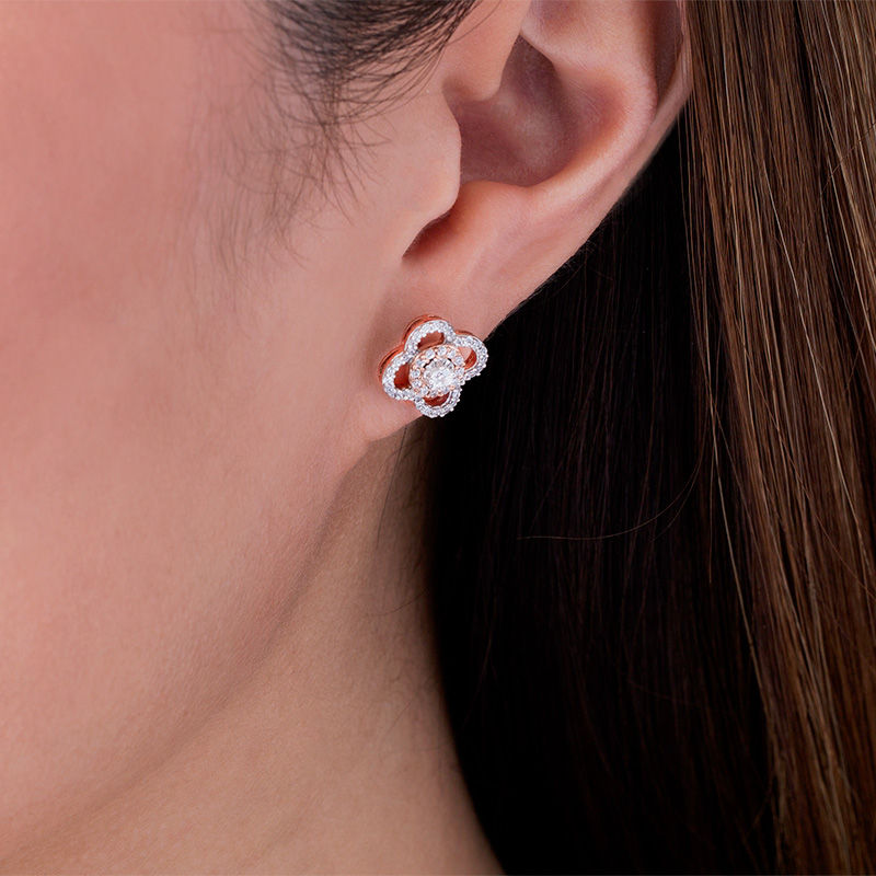 Main Image 2 of 1/2 CT. T.W. Diamond Clover Frame Stud Earrings in 10K Rose Gold