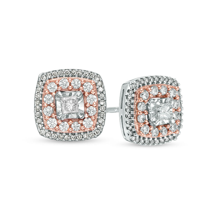 Main Image 1 of 1/2 CT. T.W. Princess-Cut Diamond Double Frame Stud Earrings in 10K Two-Tone Gold