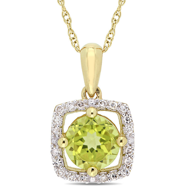 Main Image 1 of 6.0mm Peridot and 1/10 CT. T.W. Diamond Cushion Frame Pendant in 10K Gold - 17&quot;