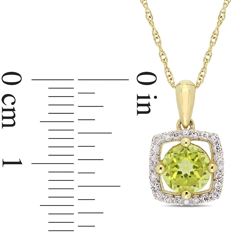 Main Image 2 of 6.0mm Peridot and 1/10 CT. T.W. Diamond Cushion Frame Pendant in 10K Gold - 17&quot;