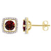 Thumbnail Image 1 of 5.0mm Garnet and 1/15 CT. T.W. Diamond Cushion Frame Stud Earrings in 10K Gold
