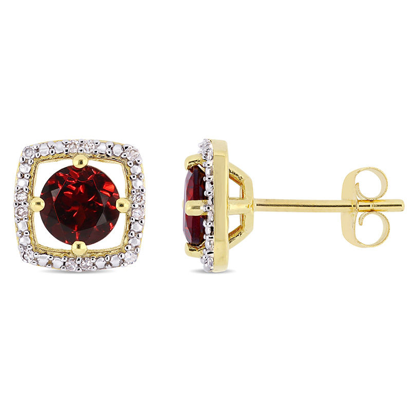 5.0mm Garnet and 1/15 CT. T.W. Diamond Cushion Frame Stud Earrings in 10K Gold