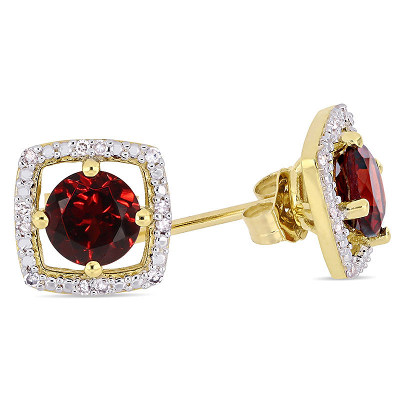 Main Image 2 of 5.0mm Garnet and 1/15 CT. T.W. Diamond Cushion Frame Stud Earrings in 10K Gold