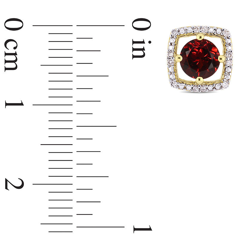 Main Image 3 of 5.0mm Garnet and 1/15 CT. T.W. Diamond Cushion Frame Stud Earrings in 10K Gold
