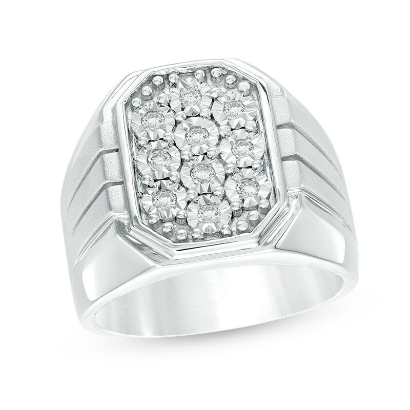 Main Image 1 of Men's 1/4 CT. T.W. Hexagonal Multi-Diamond Signet Ring in Sterling Silver