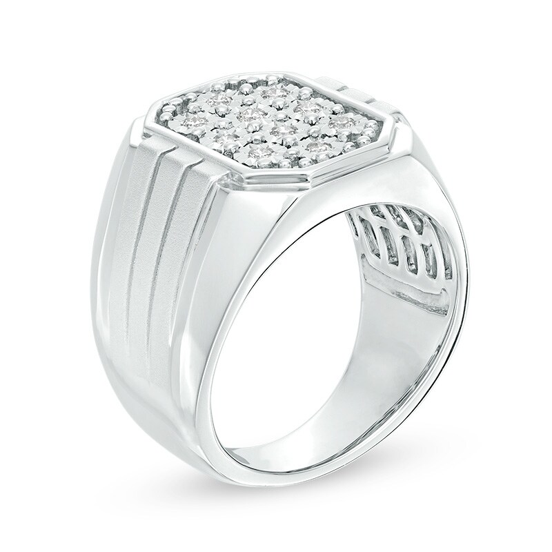 Main Image 2 of Men's 1/4 CT. T.W. Hexagonal Multi-Diamond Signet Ring in Sterling Silver