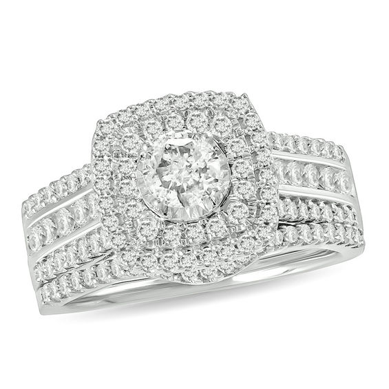 1 CT. T.w. Diamond Double Cushion Frame Multi-Row Bridal Set in 10K White Gold