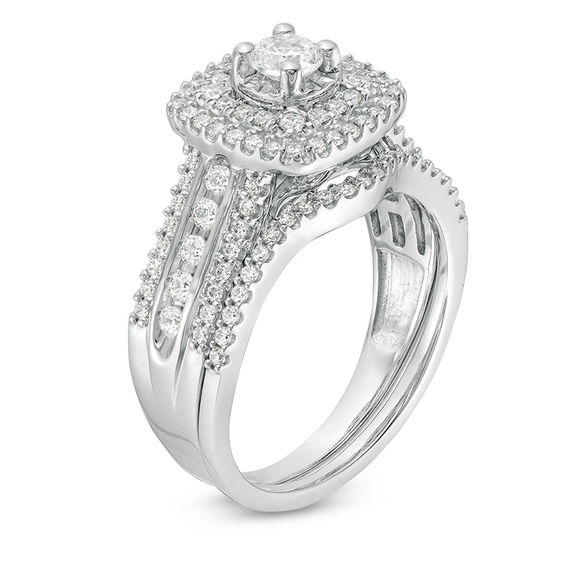 1 CT. T.w. Diamond Double Cushion Frame Multi-Row Bridal Set in 10K White Gold