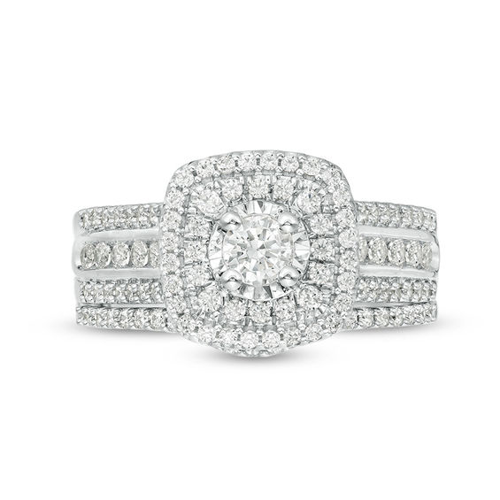 1 CT. T.w. Diamond Double Cushion Frame Multi-Row Bridal Set in 10K White Gold