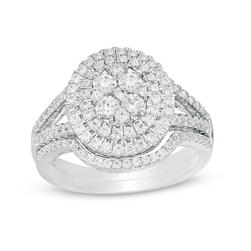 Main Image 1 of 1-1/8 CT. T.W. Quad Diamond Double Oval Frame Bridal Set in 10K White Gold
