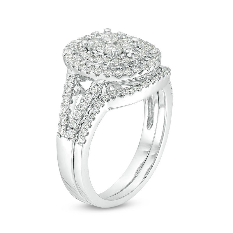 Main Image 3 of 1-1/8 CT. T.W. Quad Diamond Double Oval Frame Bridal Set in 10K White Gold