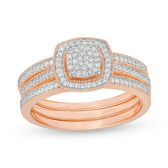 1/3 CT. T.w. Composite Diamond Square Frame Three Piece Bridal Set in 10K Rose Gold
