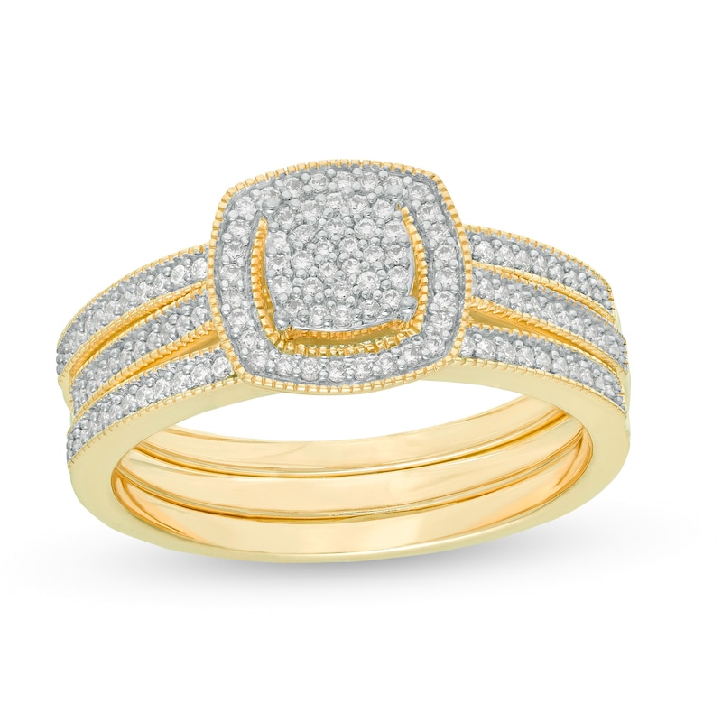 Main Image 1 of 1/3 CT. T.W. Composite Diamond Square Frame Three Piece Bridal Set in 10K Gold