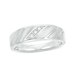 1/20 CT. T.W. Diamond Three Stone Slant Groove Wedding Band in 10K White Gold