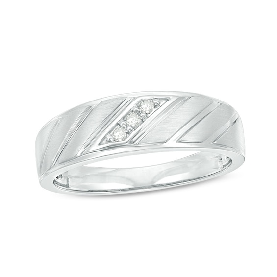 Men's 1/20 CT. T.w. Diamond Three Stone Slant Groove Wedding Band in 10K White Gold