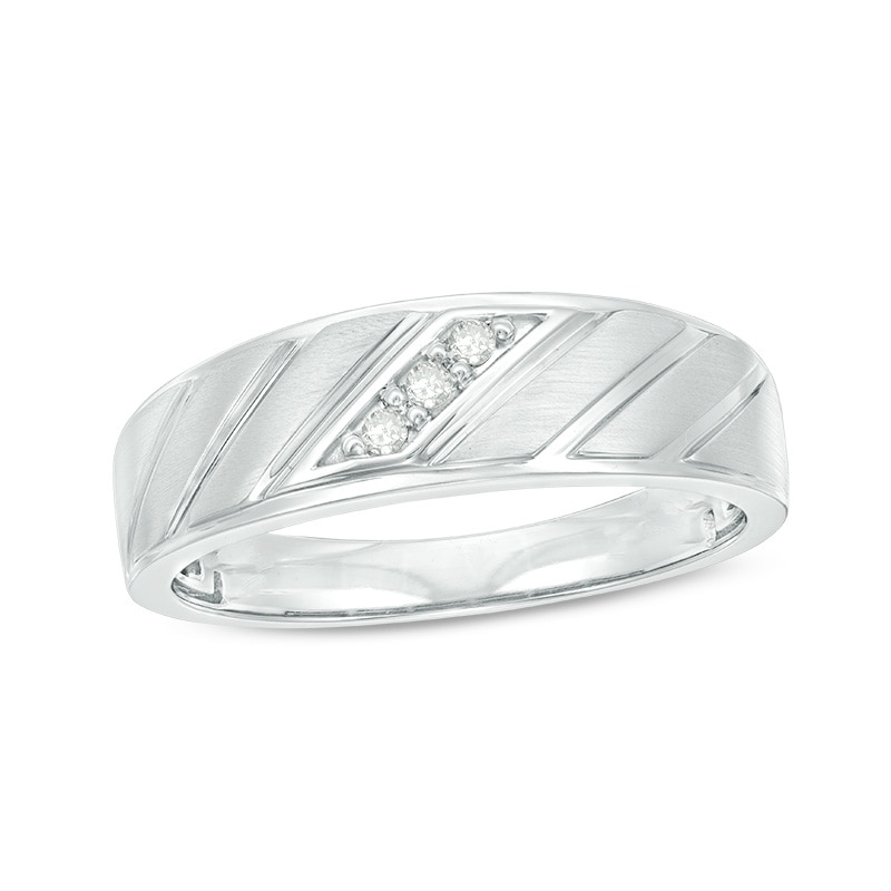 Main Image 1 of Men's 1/20 CT. T.W. Diamond Three Stone Slant Groove Wedding Band in 10K White Gold