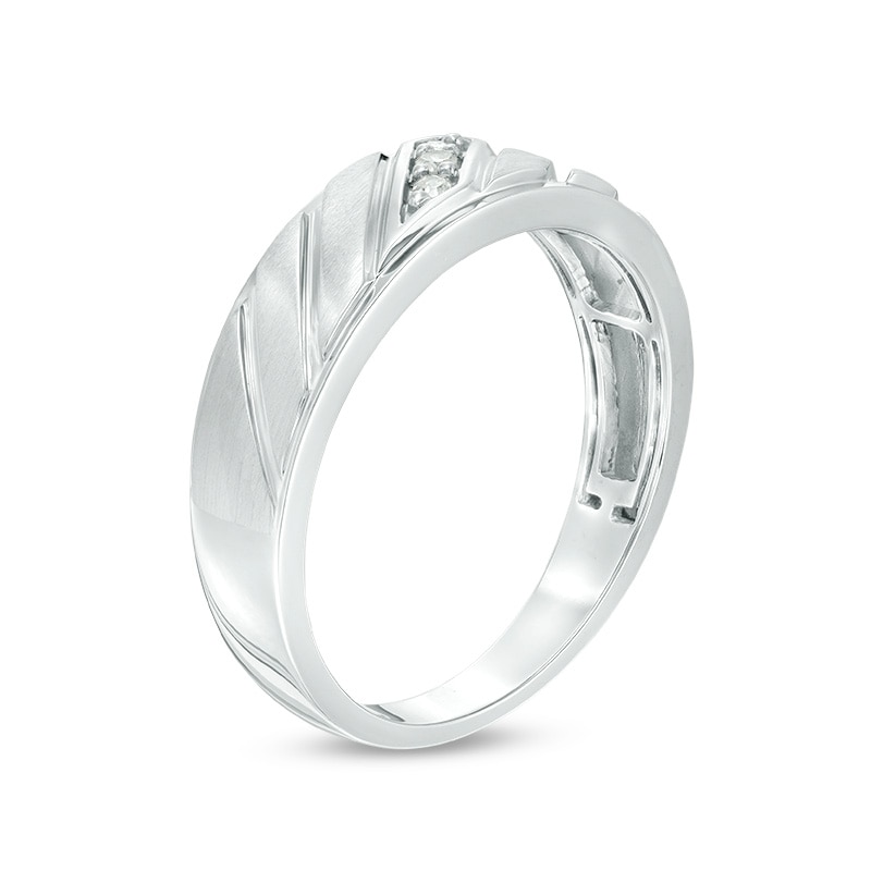 Main Image 2 of Men's 1/20 CT. T.W. Diamond Three Stone Slant Groove Wedding Band in 10K White Gold