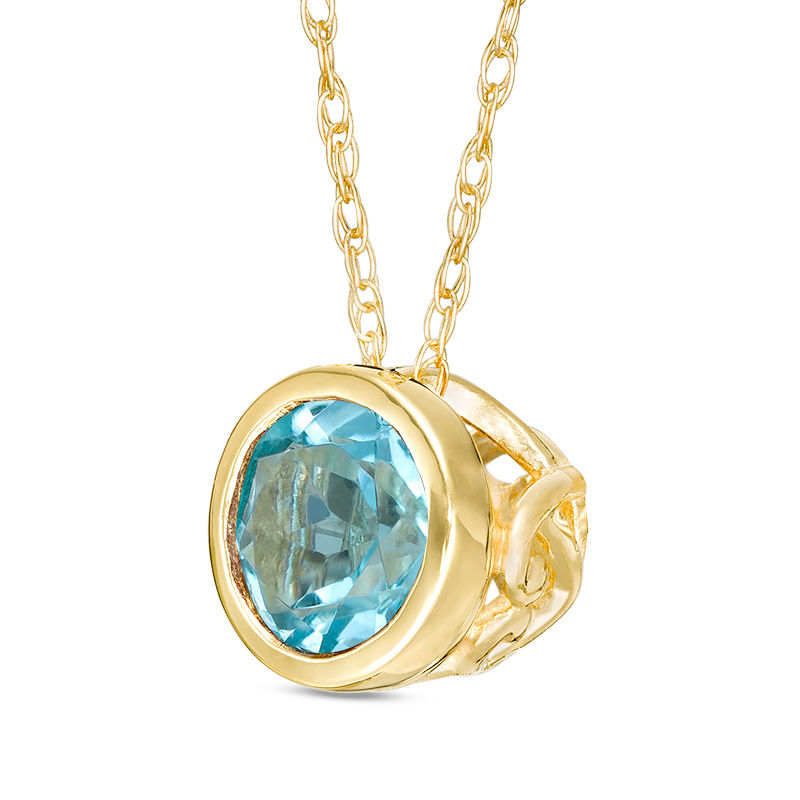 Main Image 3 of 5.0mm Bezel-Set Swiss Blue Topaz and Filigree Pendant in 10K Gold