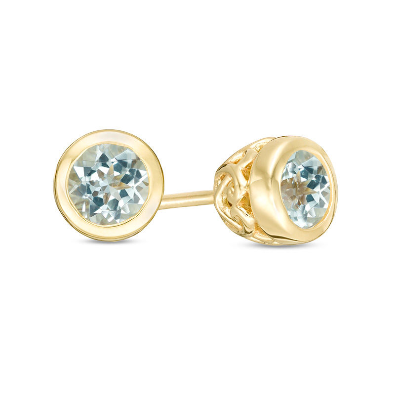 Main Image 1 of 4.0mm Bezel-Set Aquamarine and Filigree Stud Earrings in 10K Gold