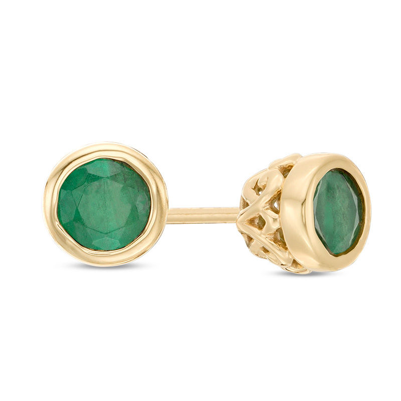 4.0mm Bezel-Set Emerald and Filigree Stud Earrings in 10K Gold