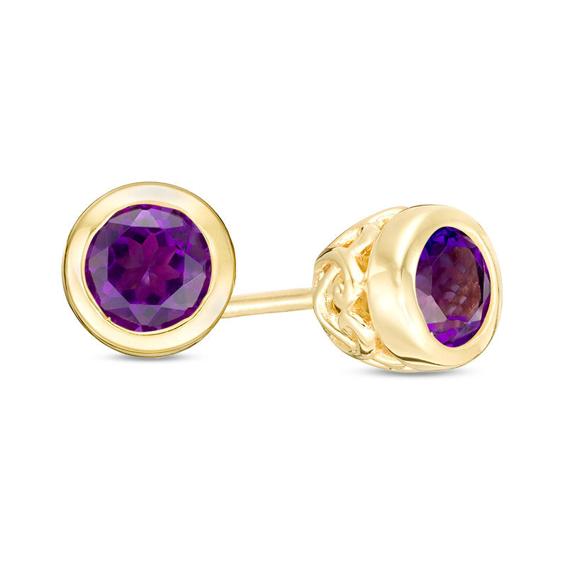 Main Image 1 of 4.0mm Bezel-Set Amethyst and Filigree Stud Earrings in 10K Gold