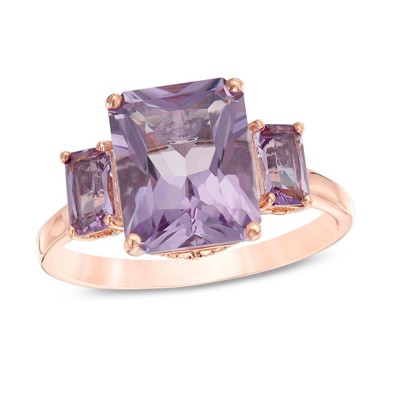 Main Image 1 of Emerald-Cut Rose de France Amethyst and 0.079 CT. T.W. Diamond Three Stone Ring in 14K Rose Gold