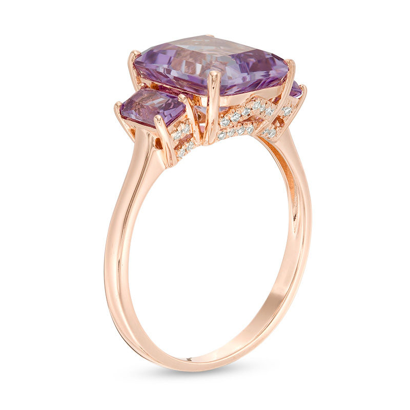 Main Image 2 of Emerald-Cut Rose de France Amethyst and 0.079 CT. T.W. Diamond Three Stone Ring in 14K Rose Gold