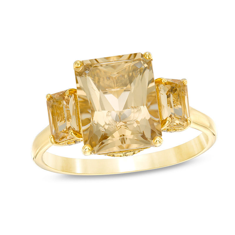 Main Image 1 of Emerald-Cut Yellow Beryl and 0.079 CT. T.W. Diamond Three Stone Ring in 14K Gold