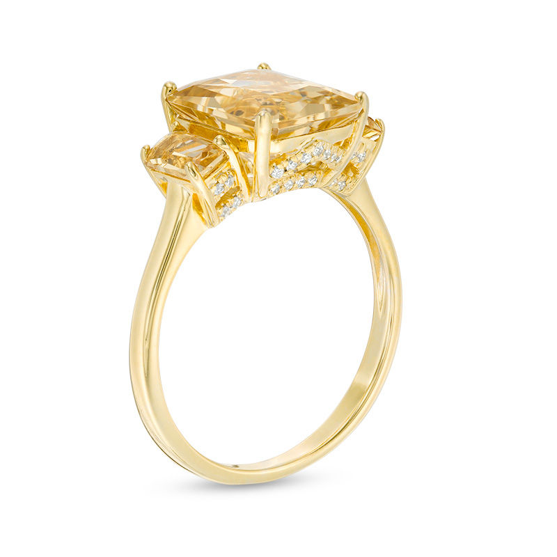 Main Image 2 of Emerald-Cut Yellow Beryl and 0.079 CT. T.W. Diamond Three Stone Ring in 14K Gold
