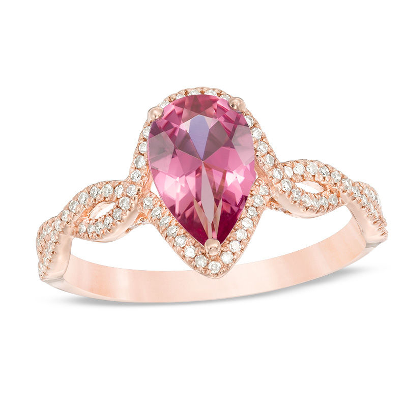 Pear-Shaped Pink Tourmaline and 1/4 CT. T.W. Diamond Braid Ring in 14K Rose Gold