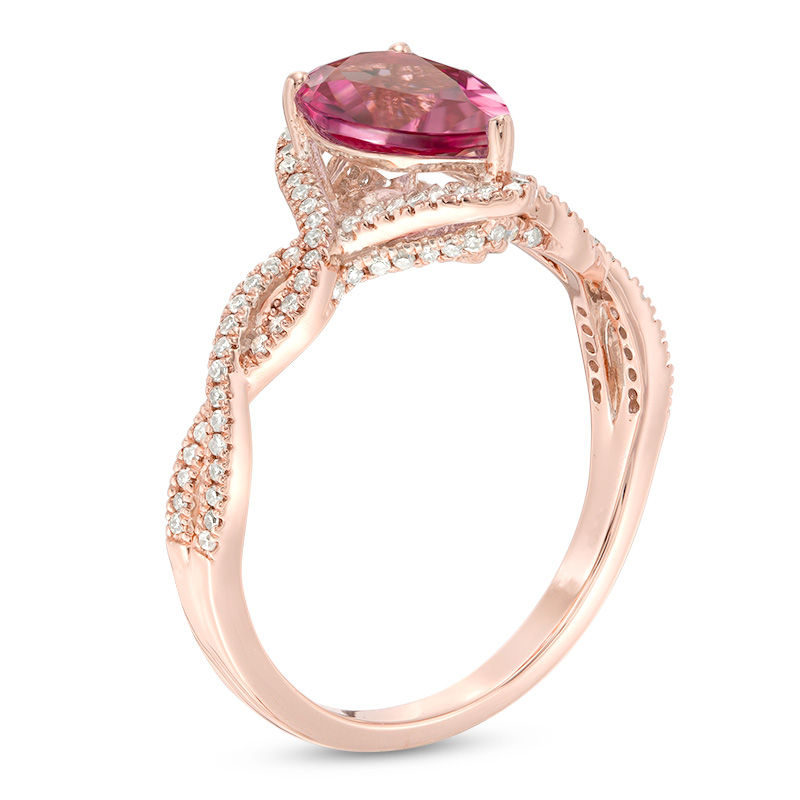 Main Image 2 of Pear-Shaped Pink Tourmaline and 1/4 CT. T.W. Diamond Braid Ring in 14K Rose Gold
