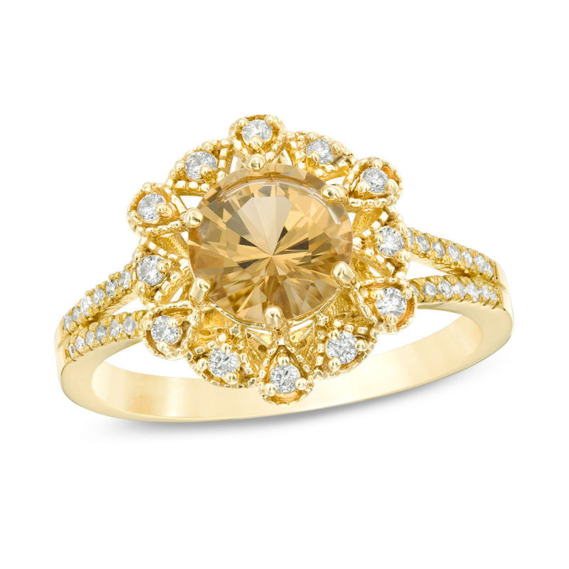 Main Image 1 of 7.0mm Yellow Beryl and 1/4 CT. T.W. Diamond Flower Frame Vintage-Style Ring in 14K Gold