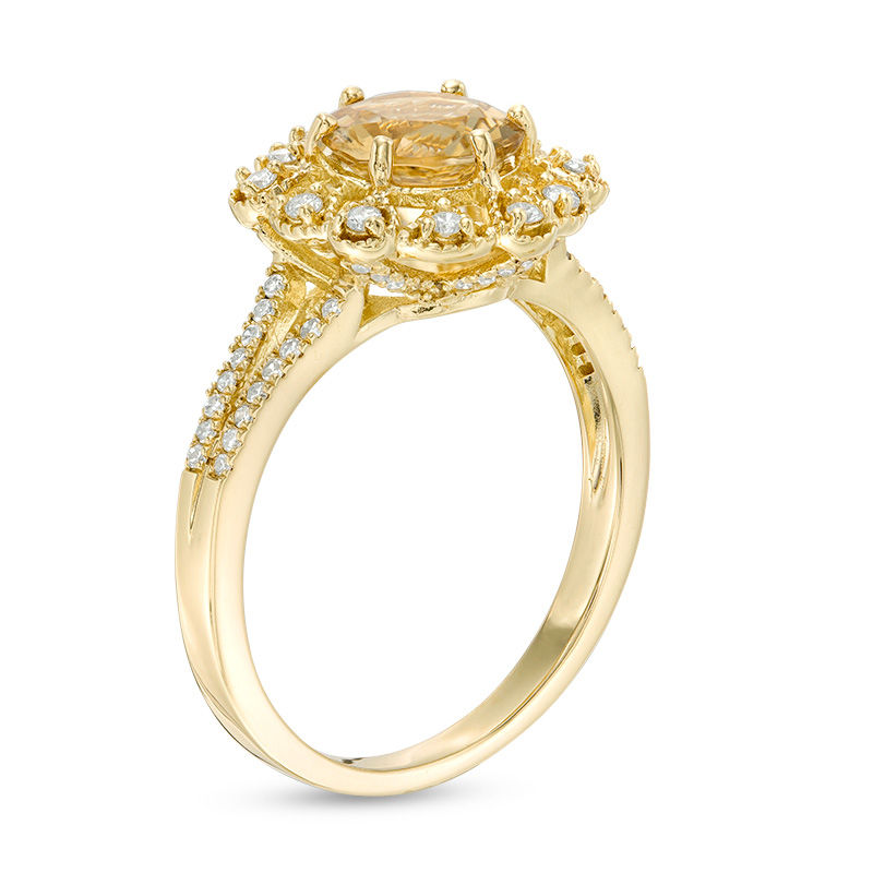 Main Image 2 of 7.0mm Yellow Beryl and 1/4 CT. T.W. Diamond Flower Frame Vintage-Style Ring in 14K Gold