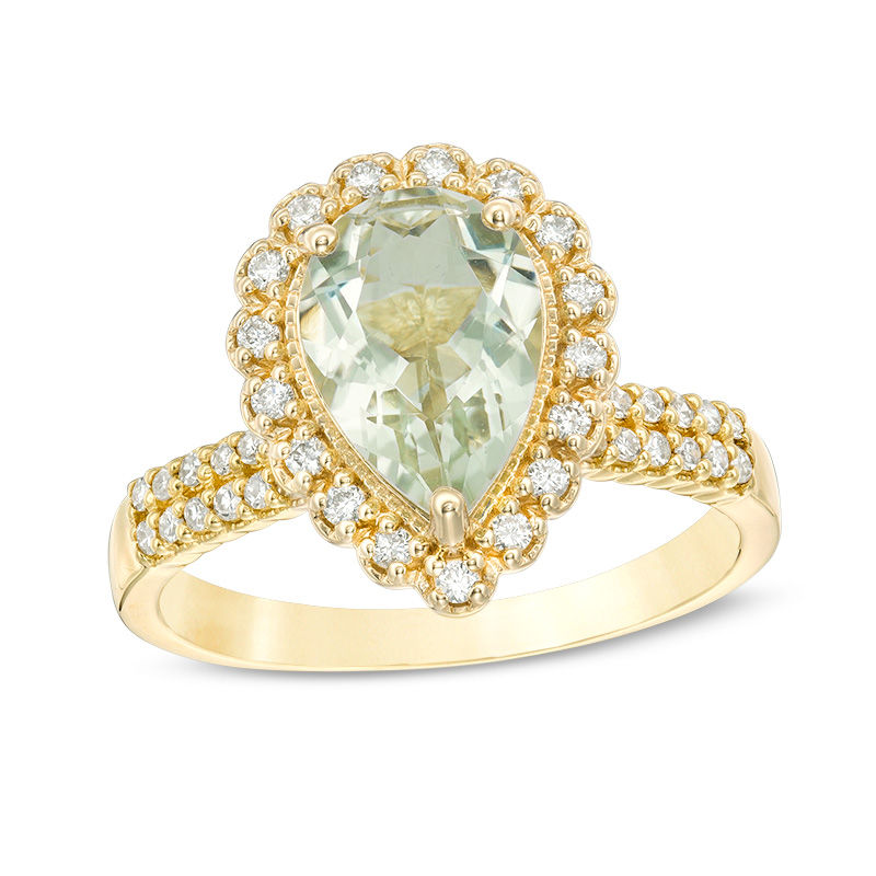 Main Image 1 of Pear-Shaped Green Quartz and 1/3 CT. T.W. Diamond Scallop Frame Vintage-Style Ring in 14K Gold