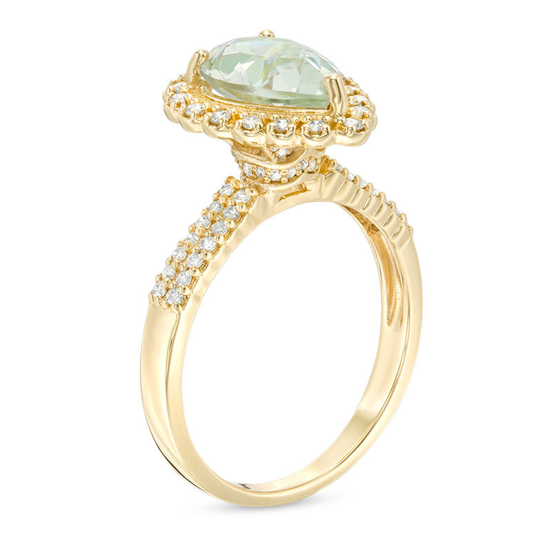 Main Image 2 of Pear-Shaped Green Quartz and 1/3 CT. T.W. Diamond Scallop Frame Vintage-Style Ring in 14K Gold