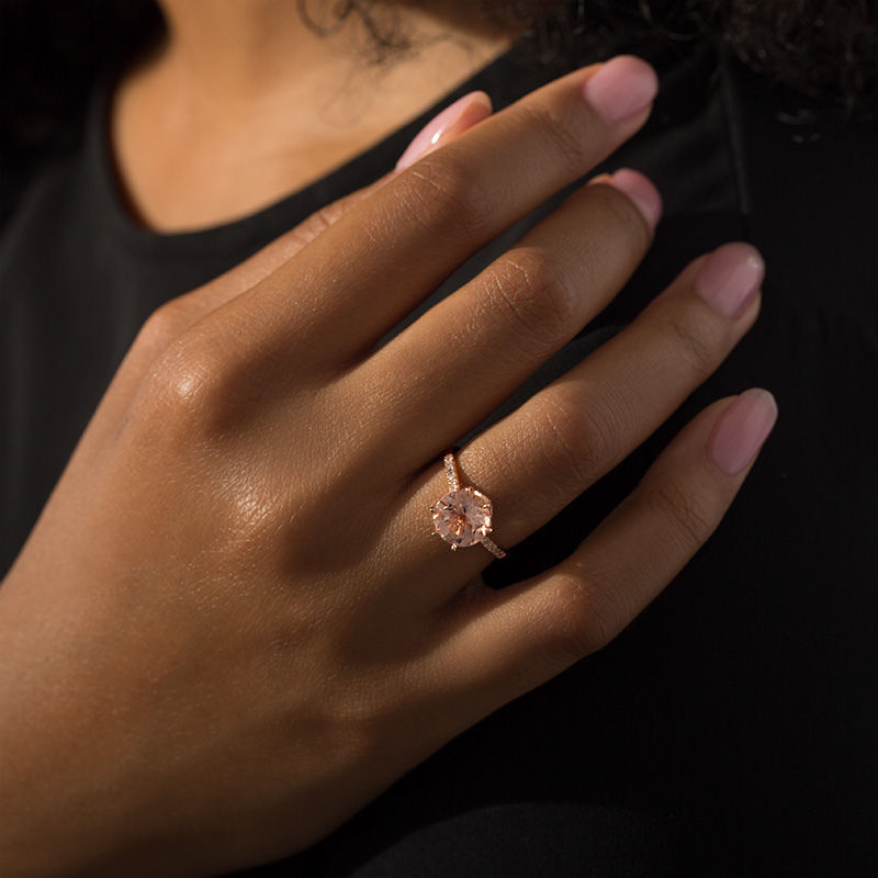 Main Image 3 of 9.0mm Morganite and 1/4 CT. T.W. Diamond Ring in 14K Rose Gold